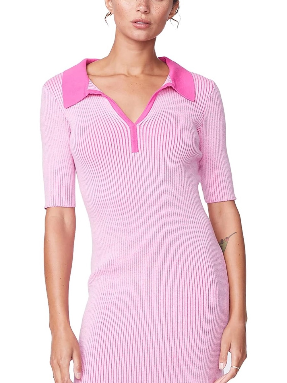 Monrow Two-Tone Pink Ribbed Polo Dress